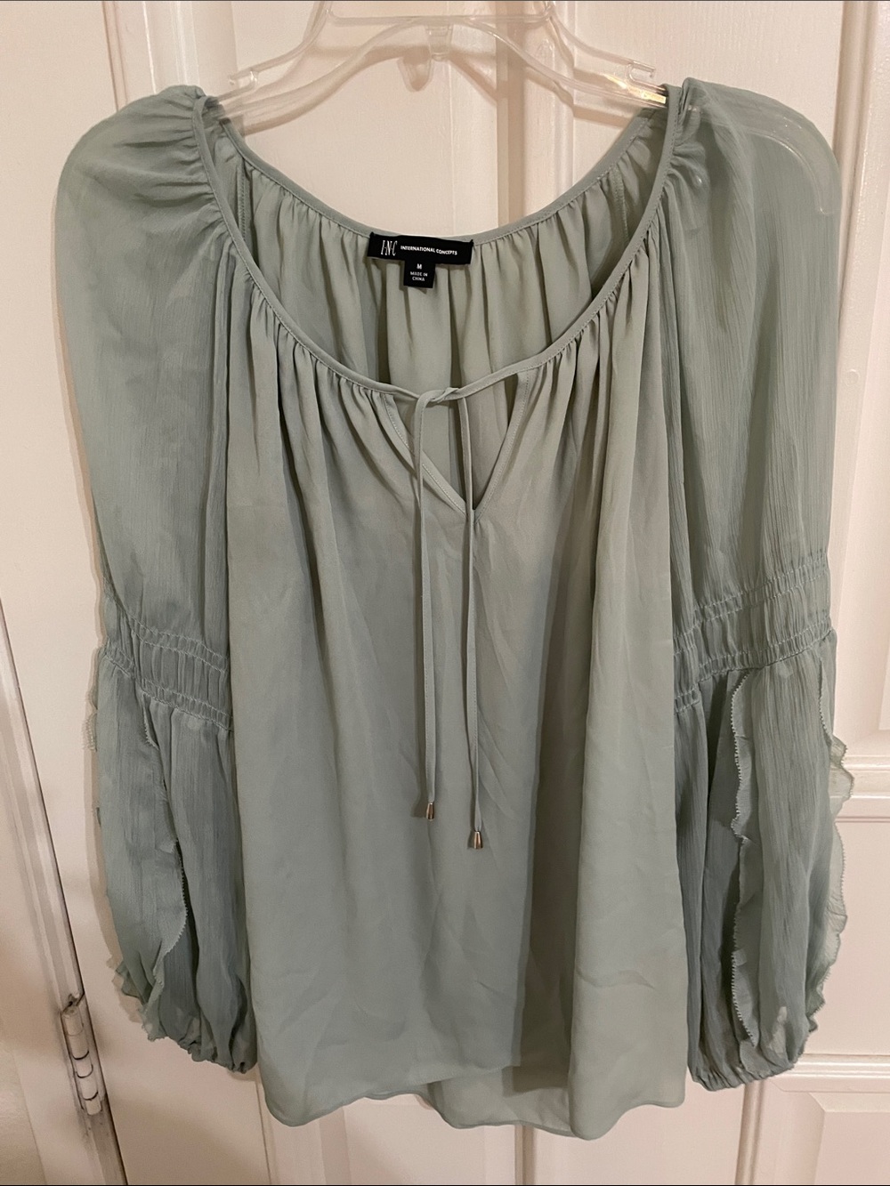 INC International Concepts 
Pale Sage Tie-Neck Sheer Peasant Blouse Sz M